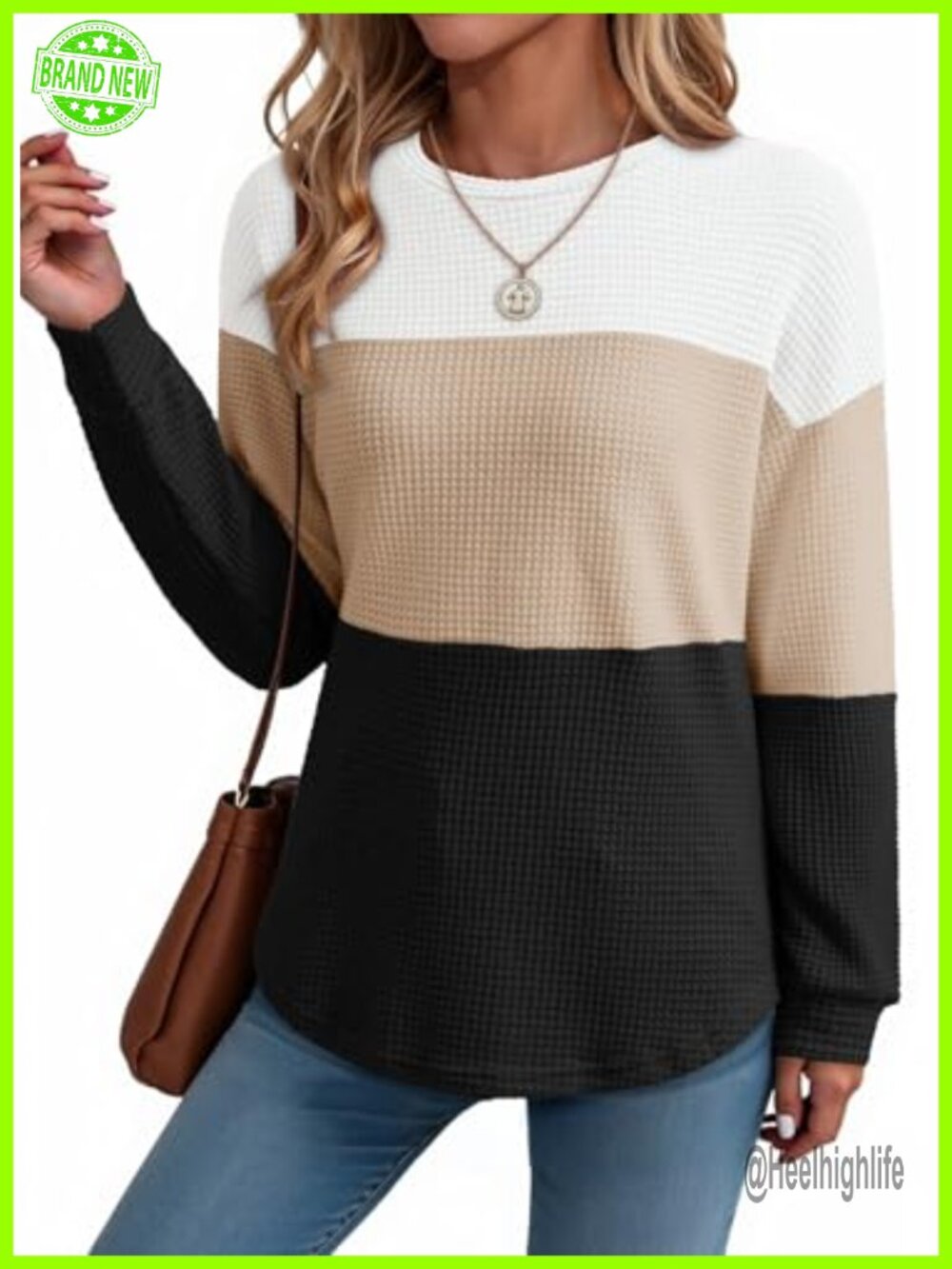 Waffle Knit Oversized Tunic Blouse Crewneck Puff Sleeve Pullover Top